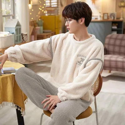 Pajamas for men, fall/winter, coral fleece, flannel, brushed lining, heat retention, warm, thick, long sleeves, round neck, long pants, large size, large size, loose, loungewear, loungewear, top and bottom set