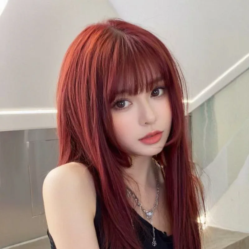 ウィッグ 女性用 姫カット シースルーバング ミディアムロング フルウィッグ 耐熱ファイバー ストレート ナチュラル 黒髪 茶髪 イメチェン 小顔効果 普段使い