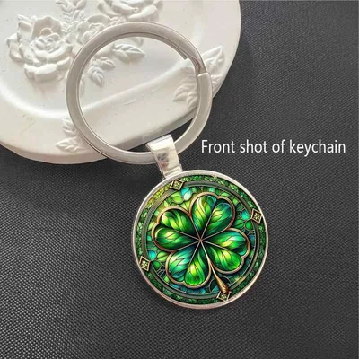 キーホルダー かわいい 精巧な 四つ葉のクローバー 幸運モチーフ レトロ アンティーク風 グリーン シルバー ガラス製 キーリング バッグチャーム アクセサリー