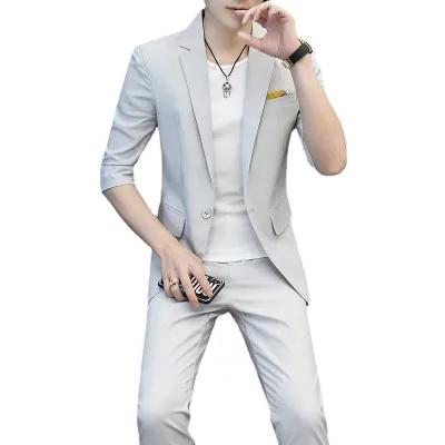 セットアップ メンズ 男性用 春夏 七分袖 テーラードジャケット スリムフィット 薄手 軽量 カジュアル 韓国風 ビジネス オフィスカジュアル ナイロン混紡 ノッチドラペル 一つボタン 普段使い 通勤 カーキ 黒 グレー