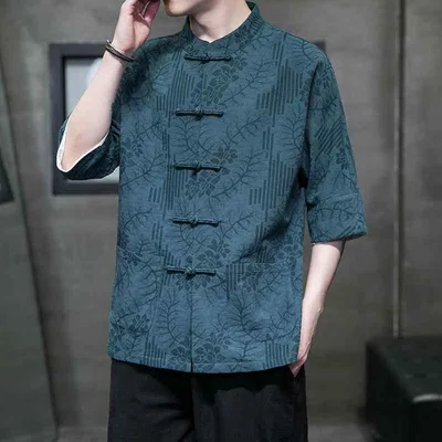 シャツ メンズ 中国風 唐装 チャイナ服 綿 レーヨン 半袖 レトロ ビンテージ 盤扣 チャイナボタン スタンドカラー 立ち襟 大きいサイズ 普段使い 茶服 夏