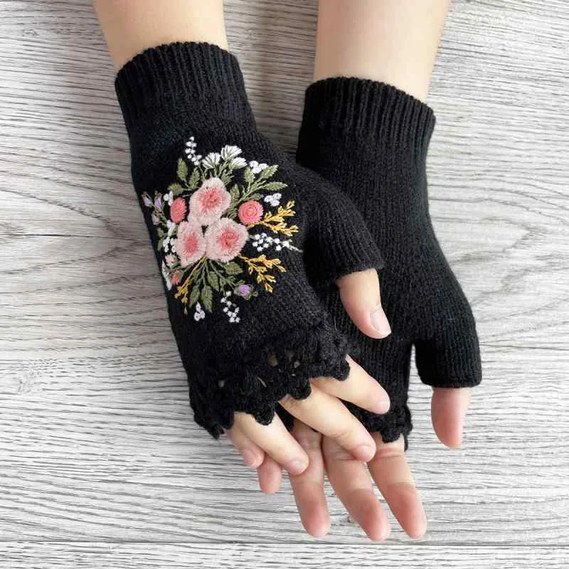 手袋 レディース アクリル 指なし ニット グローブ 秋冬 防寒 保温 刺繡 花柄 フレンチレトロ 手編み あったか 暖かい 普段使い デイリーユース ホワイト ブラック ブラウン系
