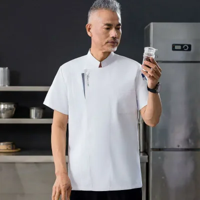 コックコート メンズ 男性用 ホテル シェフ 料理人 調理服 春夏 半袖 薄手 軽量 飲食店 中華料理 キッチン 厨房 レストラン ユニフォーム 吸湿速乾 ポリエステル 立襟 白 グレー 黒
