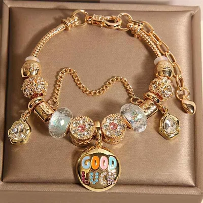 ブレスレット レディース 女性用 高級感 上品 繊細 華奢 合金製 GOOD LUCK チャーム 人工宝石 半貴石 日韓スタイル 個性的 ユニーク 春夏