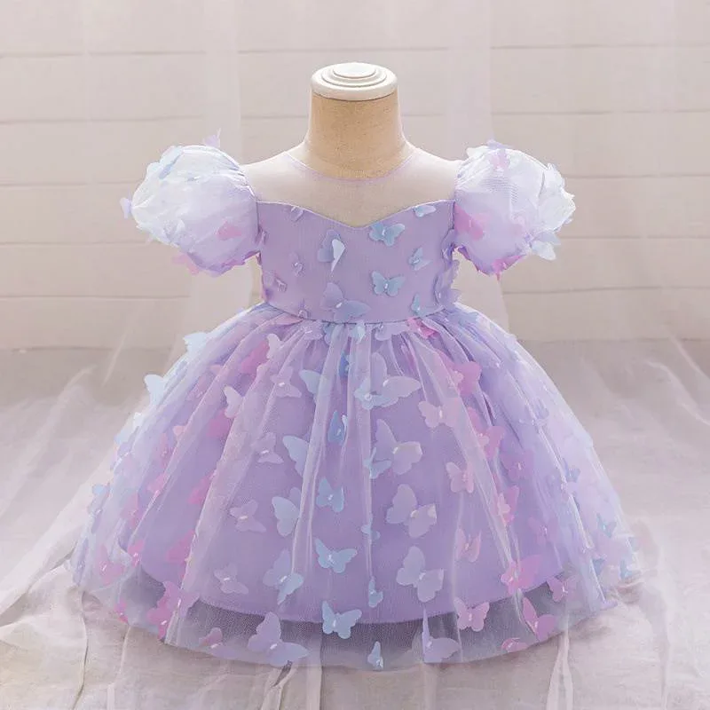 ワンピース キッズ 女の子 ベビードレス フォーマル セレモニードレス 立体 カラフル 蝶 刺繍 チュール パフスリーブ プリンセス ライン 結婚式 発表会 お呼ばれ パーティー かわいい コットン混 ピンク グリーン ブルー パープル