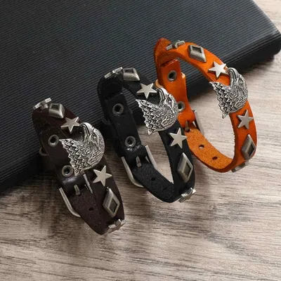 ブレスレット メンズ レディース フェイクレザー 星 幾何学 スタッズ レトロ 合金 イーグルヘッド ストリート パンク アクセサリー