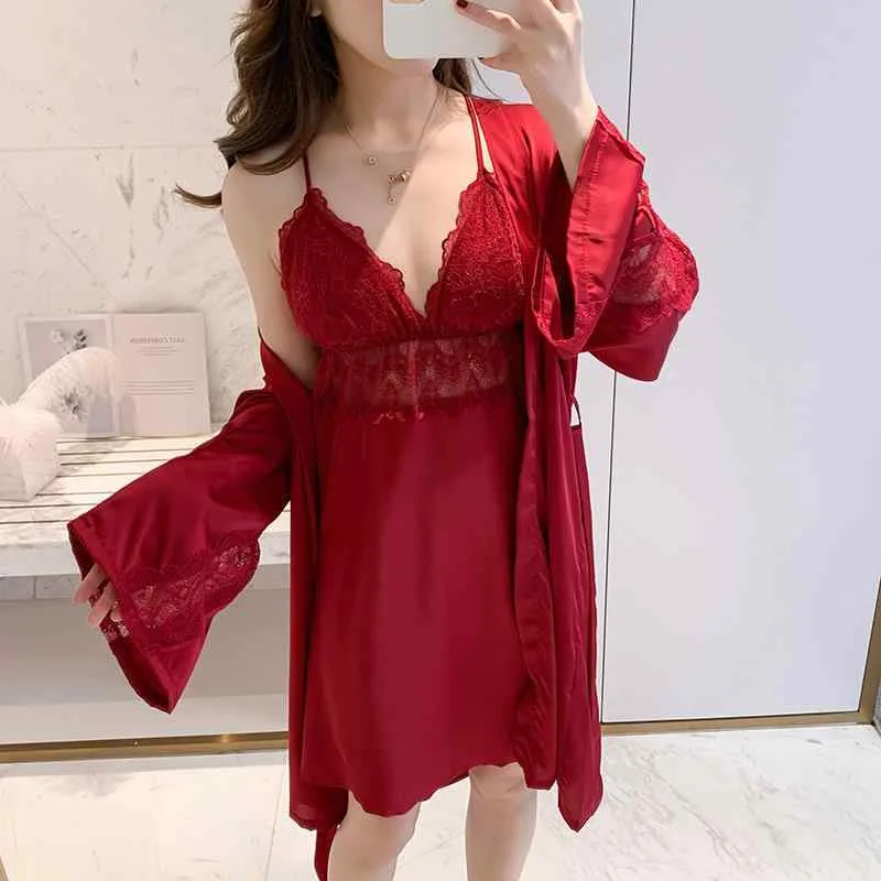 ルームウェア レディース 春夏 接触冷感 フェイクシルク カップ付き パッド入り レース キャミソールワンピース ローブ 長袖 セットアップ 薄手 セクシー ランジェリー