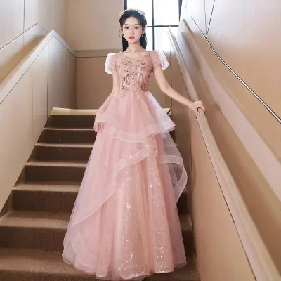 ドレス レディース ロング ワンピース ピンク シフォン シースルー ハイウエスト ボリューム袖 プリンセス 発表会 演奏会 お呼ばれ パーティー 二次会 結婚式 フェミニン エレガント
