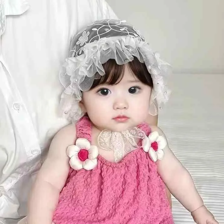 帽子 ベビー 女の子 新生児 レース 宮廷風 プリンセス ハット シフォン 刺しゅう パール 防風 日よけ リボンを結ぶタイプ かわいい