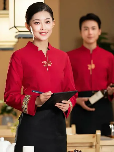 制服 男女兼用 秋冬 チャイナモダン 長袖 ホテル 飲食店 レストラン カフェ サービス ユニフォーム トップス 吸湿速乾 快適 カジュアル