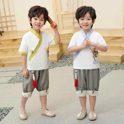 唐装 キッズ 子供 漢服 セットアップ 男の子 女の子 演出服 衣装 長袖 春秋 かわいい 通気性 綿 イエロー ブルー