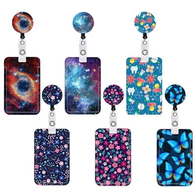 Card case for women and men, pass case, telescopic reel type key chain, starry sky pattern, name holder, vertical type, neck hanger, fall prevention, key, key holder, employee ID card, commuter pass holder