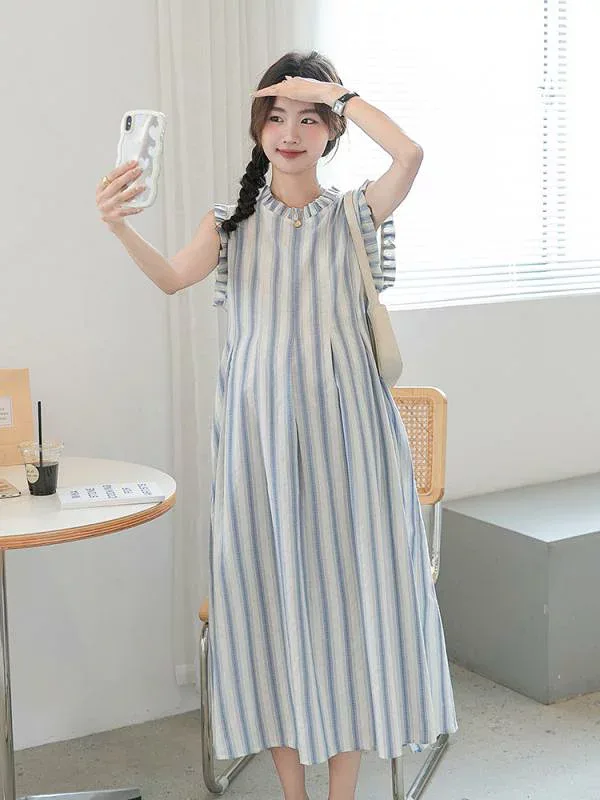 ワンピース レディース 妊婦 授乳服 マタニティウェア 膝丈 ノースリーブ ボーダー柄 ラウンドネック Aライン 綿 涼しい 通気性 カジュアル ゆったり 大きめサイズ ルームウェア