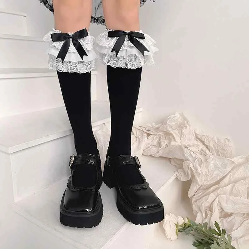 靴下 レディース ミドル丈 ロリータ 甘ロリ レース フリル リボン くしゅくしゅ プレーン カラー コットン 混 吸汗 暖かい 防寒 通学 カジュアル おしゃれ かわいい