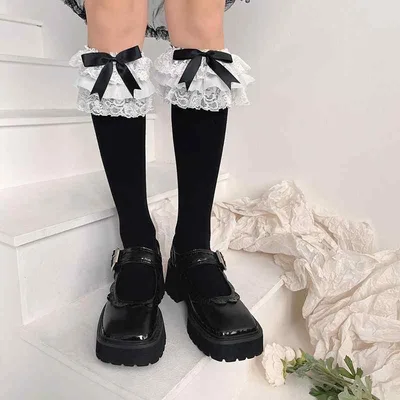 靴下 レディース ミドル丈 ロリータ 甘ロリ レース フリル リボン くしゅくしゅ プレーン カラー コットン 混 吸汗 暖かい 防寒 通学 カジュアル おしゃれ かわいい