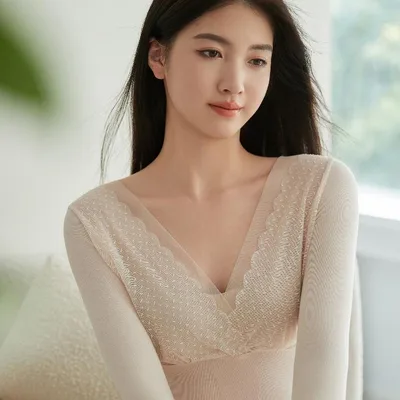 インナー レディース 保暖 肌着 レース Vネック 長袖 トップス ロングパンツ セットアップ 吸湿発熱 伸縮性 フィット 部屋着 ルームウェア 薄手 防寒 重ね着 秋冬 無地