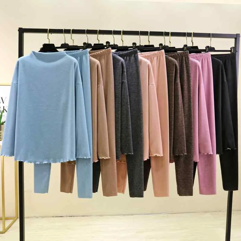 セットアップ レディース 秋冬 保温 裏起毛 発熱 インナー ハイネック 長袖 Tシャツ スリム レギンス パンツ ルームウェア 部屋着 無地 暖かい 防寒 防寒着 アンダーウェア