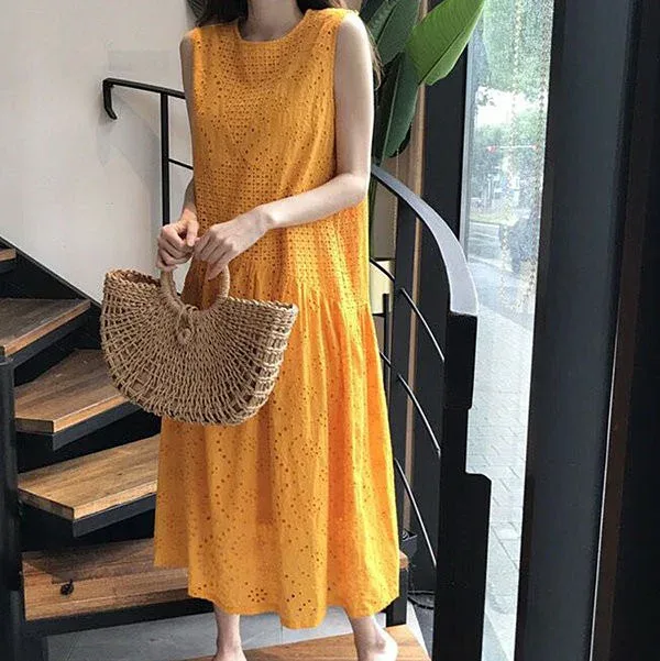 【5と0のつく日★全品P5倍!最大1000円クーポン】 ワンピース 袖なし 夏用 夏服 レディース ゆったり 透かし リゾートワンピース ノースリーブ 夏ワンピ リゾート ロングワンピース サマー 大きサイズ ビーチ 結 旅行 ロング丈