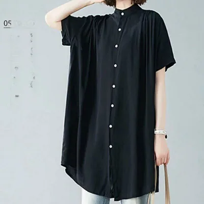 【一部即納!期間限定:2点で1,000円OFF】チュニック ブラウス 半袖 シャツ レディース きれいめ ロングシャツ 羽織り おしゃれ 半袖シャツ 長袖シャツ 春夏 バンドカラー ギャザー フレア ロング 前開き 大きいサイズ ゆったり トップス 可愛い 体型カバー
