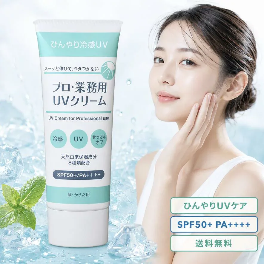 プロ業務用 UVクリーム 50g 日焼け止め 顔 からだ用 SPF50+ PA++++ ひんやり 冷感 UVケア せっけんオフ ベタつきにくい 保湿成分8種 オレンジ ゼラニウム 香り 通勤 外出 レジャー