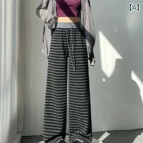 細見え 着痩せ 美脚 体型カバー 伸縮性 ストライプ 配色 ボトムス ズボン ストレートパンツ ハイウエスト ゆったり レディース