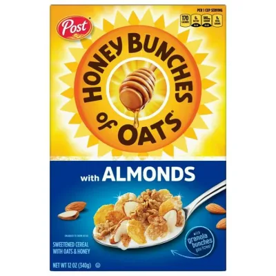 ポストハニーバンチズオブオーツウィズアーモンドブレックファーストシリアル クランチー 340g Post Honey Bunches of Oats with Almonds Breakfast Cereal, Crunchy 12 oz Box 【お取り寄せ商品】