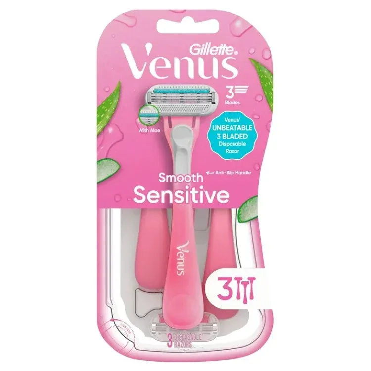 ジレット ヴィーナス センシティブ 女性用使い捨てカミソリ 3枚刃 ピンク 3本入り Venus Sensitive Women's 3 Blade Disposable Razor, 3 count, Pink 【お取り寄せ商品】