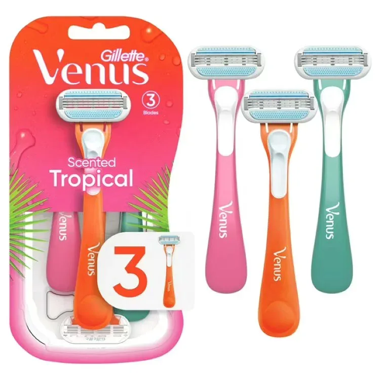 ジレット ヴィーナス トロピカル 女性用使い捨てカミソリ 3枚刃 3本入り マルチカラー Venus Tropical Women's 3 Blade Disposable Razor, 3 count, Multi-Color 【お取り寄せ商品】