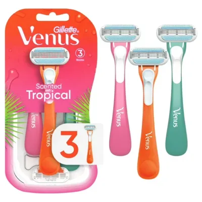 ジレット ヴィーナス トロピカル 女性用使い捨てカミソリ 3枚刃 3本入り マルチカラー Venus Tropical Women's 3 Blade Disposable Razor, 3 count, Multi-Color 【お取り寄せ商品】