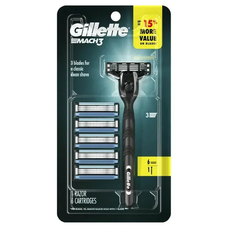 ジレット マッハ3 メンズ 3枚刃 カミソリ 本体1本 替刃6個付 シルバー Gillette Mach3 Razor Men3 Blade Manual Razor ,1 Handle and 6 Blade Refills ,Silver 【お取り寄せ商品】