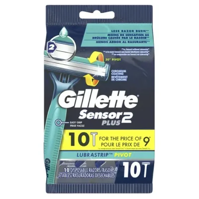 ジレット センサー2 プラス メンズ 2枚刃 使い捨てカミソリ 首振りヘッド 10本入 Gillette Sensor 2 Plus Pivoting Men 2 Blade Disposable Razor,10 count 【お取り寄せ商品】