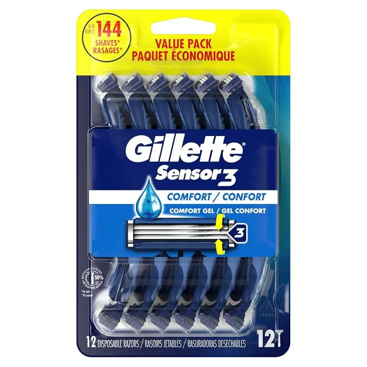 ジレット センサー3 コンフォート メンズ 使い捨てカミソリ 12本 Gillette Sensor3 Comfort Men's Disposable Manual Razors, 12 Razors 【お取り寄せ商品】