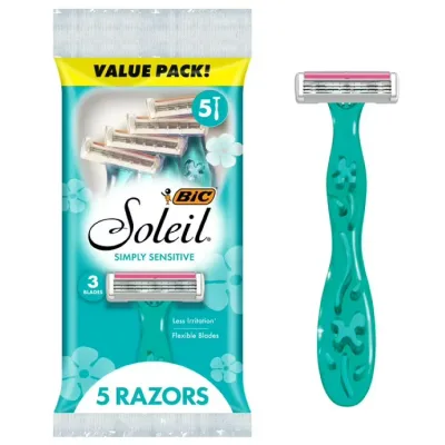 ビック ソレイユ シンプリーセンシティブ レディース 使い捨てカミソリ 3枚刃 5本 BIC Soleil Simply Sensitive Women's Disposable 3 Blade Razors 【お取り寄せ商品】