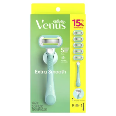 ジレットヴィーナス エクストラスムース 女性用カミソリ 5枚刃替刃+シャワーホルダー付き Venus Extra Smooth Women's Razor, 5 Blade Refills + Shower Holder 【お取り寄せ商品】