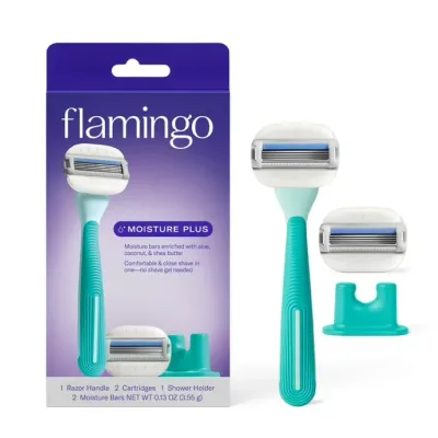 フラミンゴ レディース モイスチャープラス カミソリセット シーフォーム 本体 替刃2個 シャワーホルダー付き Flamingo Women's Moisture Plus Razor Set with Razor Handle,, Seafoam 【お取り寄せ商品】