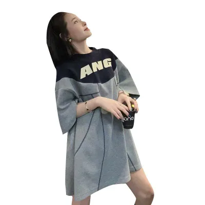 Tシャツ レディース 半袖 トップス カットソー プルオーバー チュニック ゆったり オーバーサイズ ビッグシルエット クルーネック 配色 切り替え 英字 英字ロゴ プリント ラウンドネック 通気性 吸汗性 カジュアル 普段使い 通学 デート 春夏