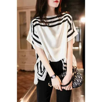 Women's T-shirt, Cut and Sew, Short Sleeve Top, Pullover, Tunic, Loose Fit, Covers Body, Border, Stripe Print, Pattern, Spring/Summer, Korean Style, Casual, Daily, Everyday Use, Cotton Blend, Stretchy, Sweat Absorbent, Breathable