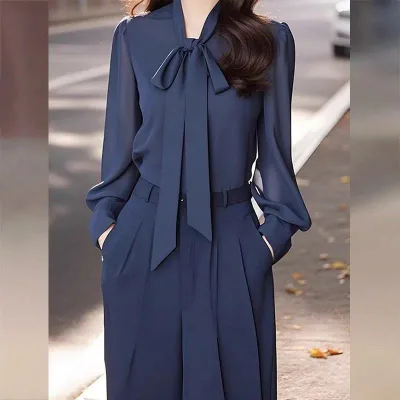 セットアップ レディース 春服 上下セット シフォン 蝶結び ブラウス ワイドパンツ 大きいサイズ 対応 ゆったり 体型カバー カジュアル エレガント きれいめ 無地 伸縮性 上品 普段使い 通勤用
