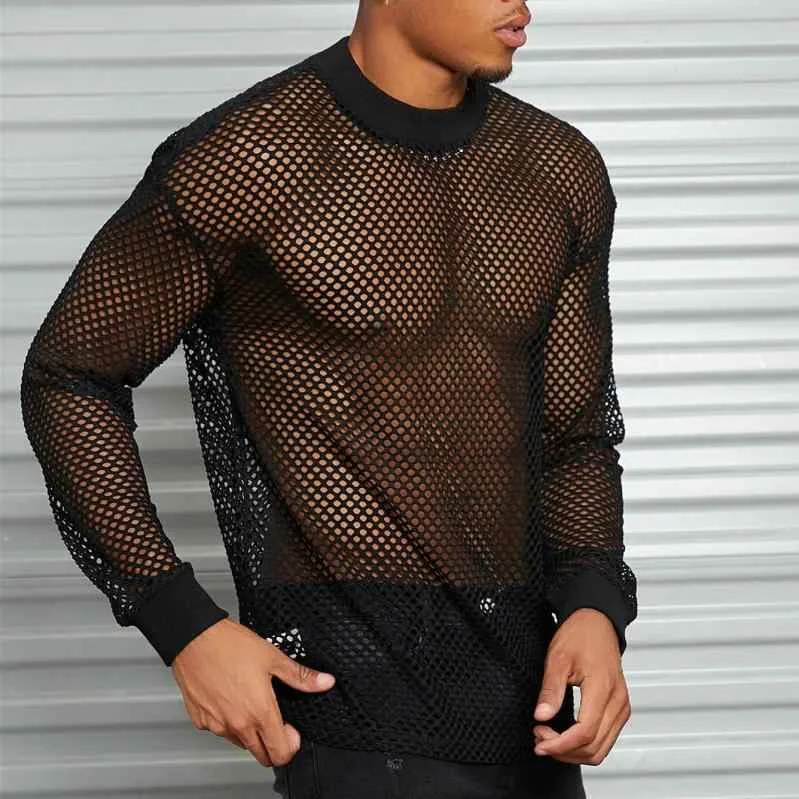 Tシャツ メンズ 長袖 メッシュ 透け感 シースルー ネット 通気性 速乾 フィットネス トレーニング 筋トレ スポーツ インナー ドロップショルダー 透かし彫り 涼しい クルーネック 無地 ブラック トップス カジュアル ストレッチ性 伸縮性 オールシ
