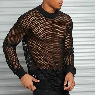 Tシャツ メンズ 長袖 メッシュ 透け感 シースルー ネット 通気性 速乾 フィットネス トレーニング 筋トレ スポーツ インナー ドロップショルダー 透かし彫り 涼しい クルーネック 無地 ブラック トップス カジュアル ストレッチ性 伸縮性 オールシ