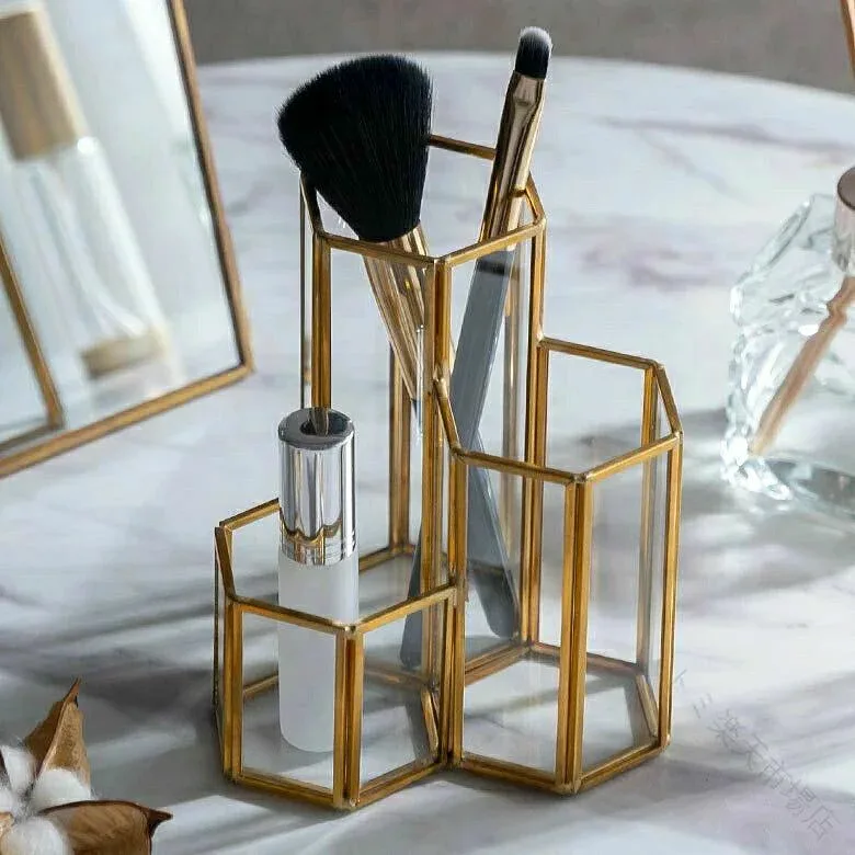 ブラシ スタンド メイク ブラシ ケース ガラス と 真鍮 3 分割 Brass ブラス ヘキサゴン ガラス ケース コスメ 収納 小物 入れ 小物 収納 卓上 収納 メイク 収納 店頭 展示 撮影 用 ディスプレイ 整理 整頓 おしゃれ 北欧 アジアン 雑貨 アジアン 雑貨