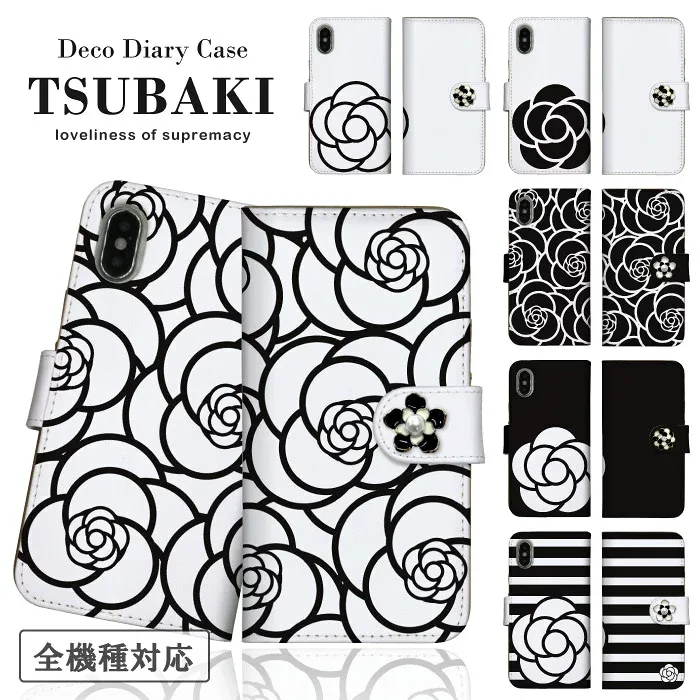 スマホケース 全機種対応 手帳型ケース iPhoneケース アンドロイド カメリア 椿 薔薇 ローズ おしゃれ デコ ビジュー 可愛い 花柄 お花 ホワイト ブラック iPhone17 16e Google Pixel エクスペリア 手帳 スマホカバー ピクセル9a 携帯ケース 携帯カバー