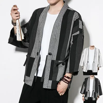 和風 甚平 メンズ カーディガン 長袖 ストライプ柄 薄手 和柄 和服 夏 春 着物 ポケット付き 羽織 肩掛け カジュアル 大きいサイズ ゆったり トップス 春夏秋