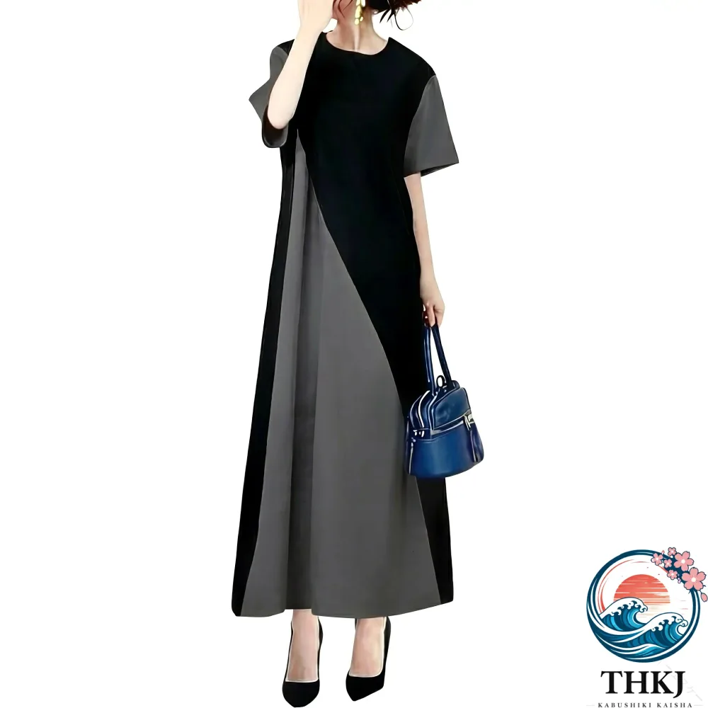 【全品5%ポイント】ワンピース レディース ロング マキシ丈 半袖 5 分袖 A ライン 切替 バイカラー 体型カバー 着痩せ ゆったり 大きいサイズ きれいめ カジュアル 春 夏 秋 クルーネック 膝下 縦ライン 痩せ