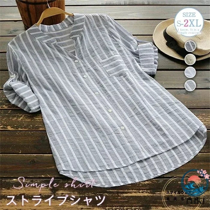【全品5%ポイント】半袖チュニック 七分袖ロングシャツ 春夏 レディース 大きいサイズ 体型カバー 着痩せ ストライプ カジュアル ナチュラル おしゃれ 大人可愛い シャツワンピ トップス 着回し きれいめ