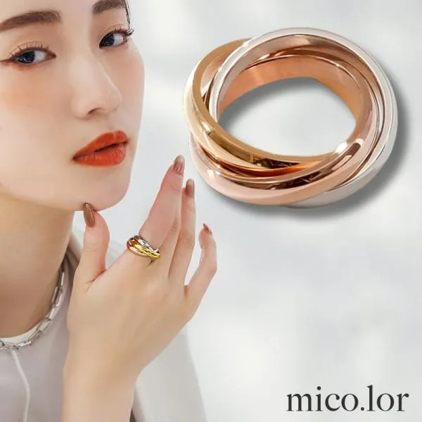 指輪 レディース ステンレス リング (370) 3連 3色MIXカラー バイカラー 銀色 金色 トリニティリング ごつめ 太め