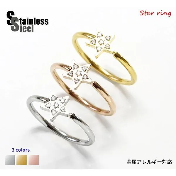 指輪 レディース ステンレス リング (62)スター CZ 選択可 銀色 金色 ピンクゴールド 7号 9号 11号 13号 メンズ 送料無料 指輪