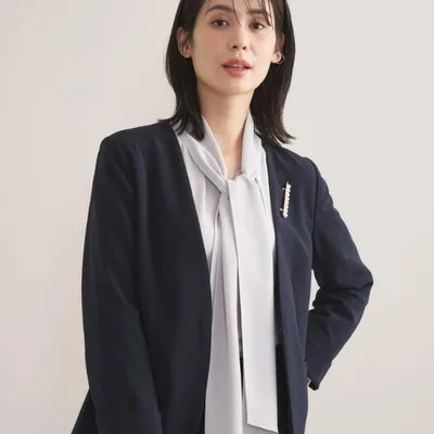 【通勤スーツ/洗える】ストレッチカラーレスジャケット