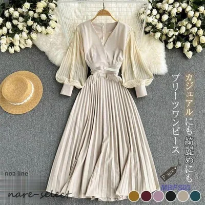 プリーツワンピース ワンピース Vネック ベルト 長袖 春 夏 秋 秋服 膝丈ワンピース 膝丈 プリーツ ワンピ レディース ドレス ワンピースドレス ベルト付き
