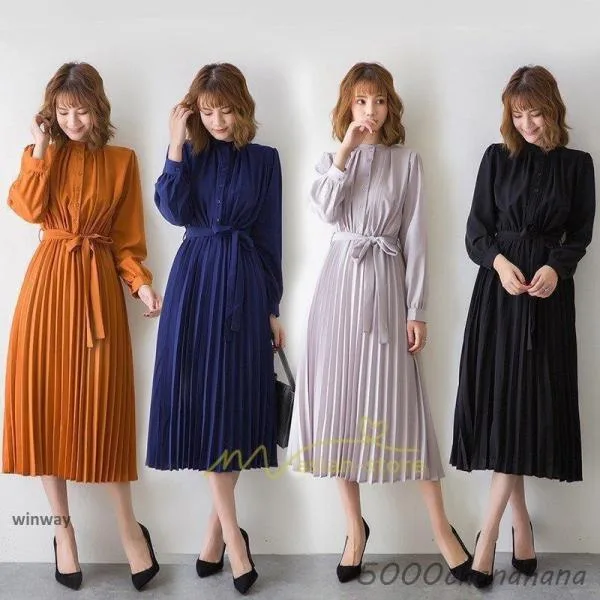 ワンピース 春 秋服 きれいめ レディース フォーマル 長袖 シャツ 秋物 Aライン ロング丈 二次会 通勤 OL 40代 着痩せ フェミニン 上品 お出かけ